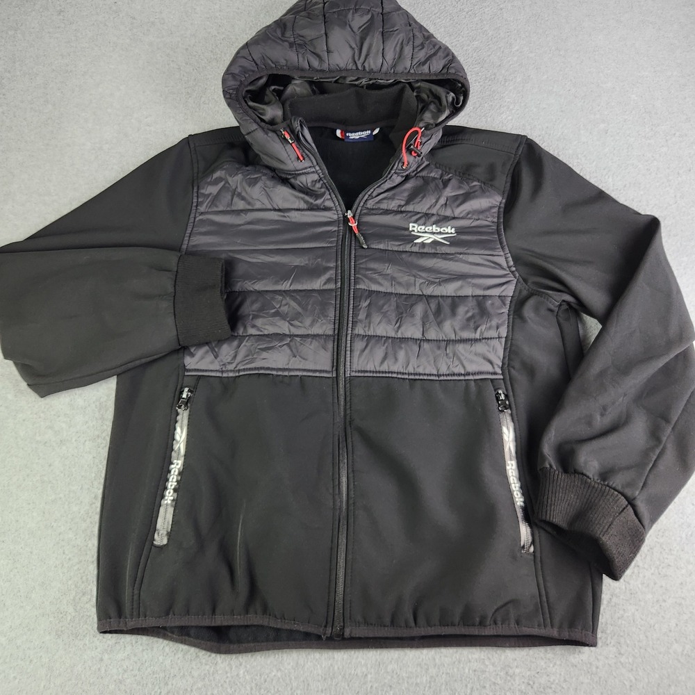 Reebok Hybrid Puffer Jacket Mens M Black‎ Softshell Fleece Lined Hooded Zip Up